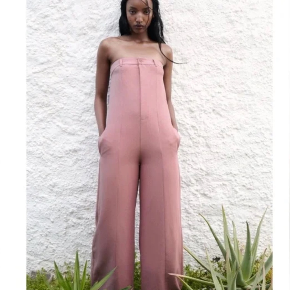 Zara strapless linen blend jumpsuit pale pink